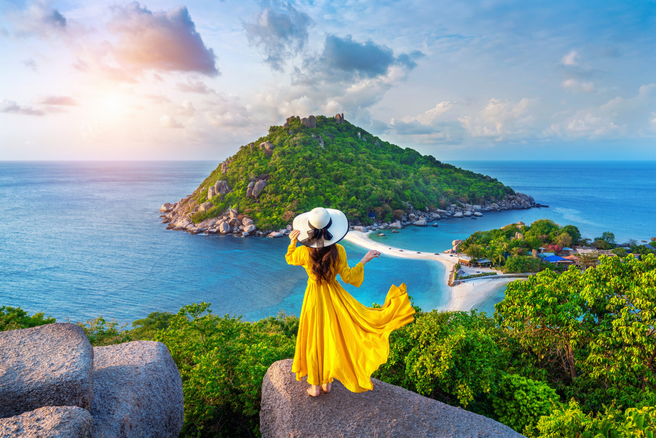 beautiful girl standing viewpoint koh nangyuan island near koh tao island surat thani thailand scaled